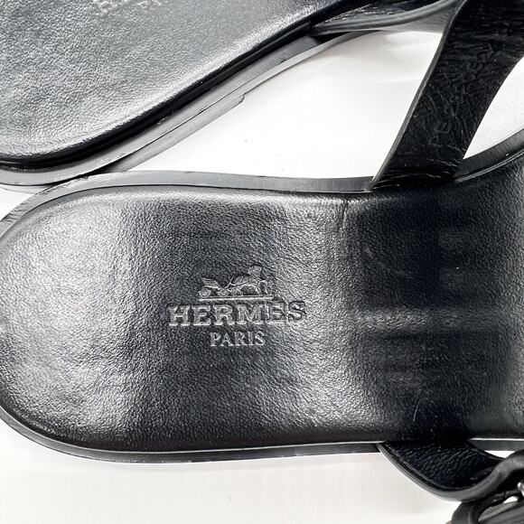 HERMES Hera Sandal Womens 39 8.5 Black Leather Cut Out H Toe Loop Flat Slide - Picture 7 of 16